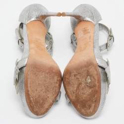 Pre Owned Alexander McQueen Metallic Silver Textured Leather Ivy Leaf Embellished Open Toe Sandals Size 36.5
