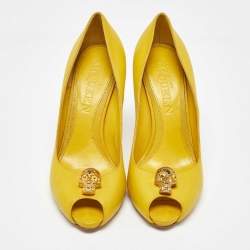 Alexander McQueen Yellow Leather Embellished Skull Peep Toe Pumps Size 38