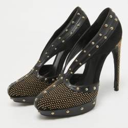 Alexander McQueen Black Leather and Suede Studded Platform Pumps Size 41
