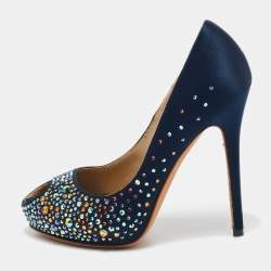 Alexander McQueen Navy Blue Satin Crystal Embellished Peep Toe Pumps Size 36