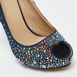 Alexander McQueen Navy Blue Satin Crystal Embellished Peep Toe Pumps Size 36