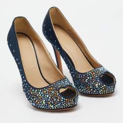 Alexander McQueen Navy Blue Satin Crystal Embellished Peep Toe Pumps Size 36