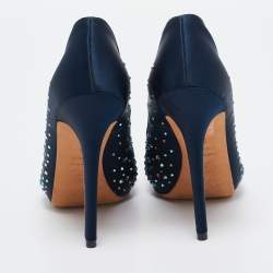 Alexander McQueen Navy Blue Satin Crystal Embellished Peep Toe Pumps Size 36