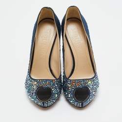 Alexander McQueen Navy Blue Satin Crystal Embellished Peep Toe Pumps Size 36