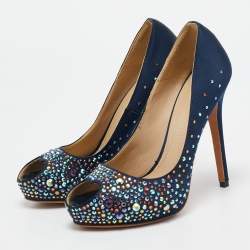 Alexander McQueen Navy Blue Satin Crystal Embellished Peep Toe Pumps Size 36