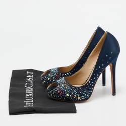 Alexander McQueen Navy Blue Satin Crystal Embellished Peep Toe Pumps Size 36