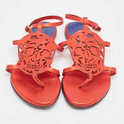 Pre Owned Alexander McQueen Red Leather Ankle Strap Flat Sandals Size 37