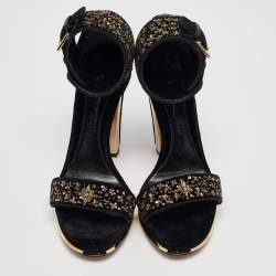 Alexander McQueen Black Velvet Embellished Ankle Strap Sandals Size 39