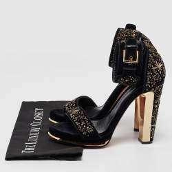 Alexander McQueen Black Velvet Embellished Ankle Strap Sandals Size 39