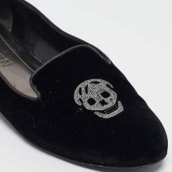 Pre Owned Alexander McQueen Black Velvet Skull Embroidered Smoking Slippers Size 40