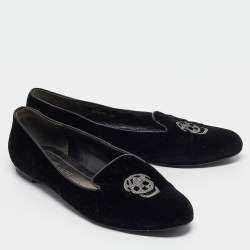 Pre Owned Alexander McQueen Black Velvet Skull Embroidered Smoking Slippers Size 40