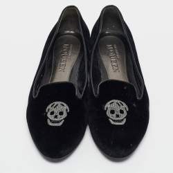 Pre Owned Alexander McQueen Black Velvet Skull Embroidered Smoking Slippers Size 40