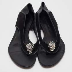 Pre Owned Alexander McQueen Black Leather and Suede Skull Flat Sandals Size 40