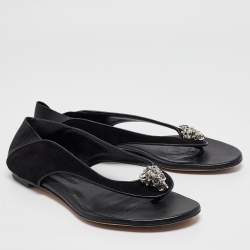 Pre Owned Alexander McQueen Black Leather and Suede Skull Flat Sandals Size 40