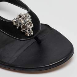 Pre Owned Alexander McQueen Black Leather and Suede Skull Flat Sandals Size 40