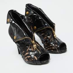 Alexander McQueen Black/Beige Patent Leather and Mesh Faithful Ankle Booties Size 38.5