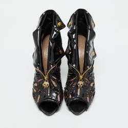 Alexander McQueen Black/Beige Patent Leather and Mesh Faithful Ankle Booties Size 38.5