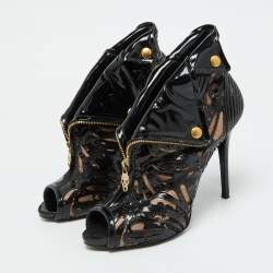 Alexander McQueen Black/Beige Patent Leather and Mesh Faithful Ankle Booties Size 38.5
