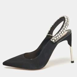 Alexander McQueen Black Suede Crystal Embellished Slingback Pumps Size 39