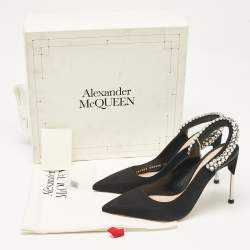 Alexander McQueen Black Suede Crystal Embellished Slingback Pumps Size 39