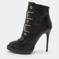 Alexander McQueen Black Leather Buckle Detail Ankle Length Boots Size 38