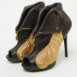 Pre Owned Alexander McQueen Black Leather Wings Embroidered Faithful Ankle Length Boots Size 39
