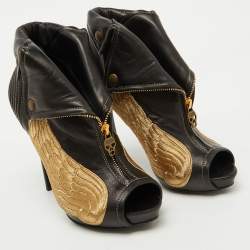 Pre Owned Alexander McQueen Black Leather Wings Embroidered Faithful Ankle Length Boots Size 39