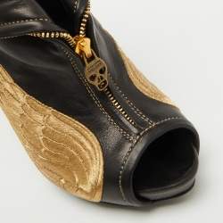 Pre Owned Alexander McQueen Black Leather Wings Embroidered Faithful Ankle Length Boots Size 39