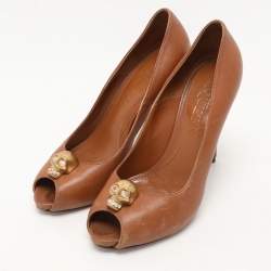 Alexander McQueen Brown Leather Skull Peep Toe Pumps Size 38