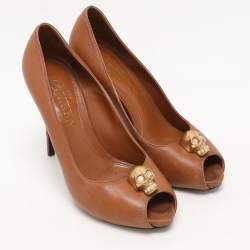 Alexander McQueen Brown Leather Skull Peep Toe Pumps Size 38