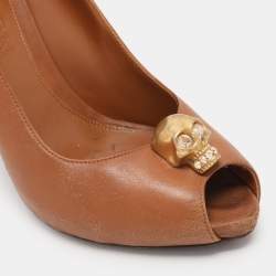 Alexander McQueen Brown Leather Skull Peep Toe Pumps Size 38