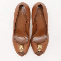Alexander McQueen Brown Leather Skull Peep Toe Pumps Size 38