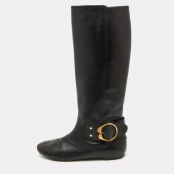 Alexander McQueen Black Leather Buckle Detail Knee length Boots Size 40