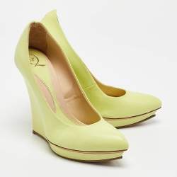 Alexander McQueen Neon Green Leather Wedge Pumps Size 37