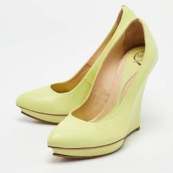 Alexander McQueen Neon Green Leather Wedge Pumps Size 37