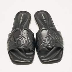 Alexander McQueen Black Leather Seal Flat Slides Size 37