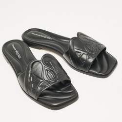 Alexander McQueen Black Leather Seal Flat Slides Size 37