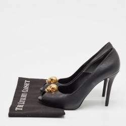 Alexander McQueen Black Leather Crystal Embellished Skull Peep-Toe Pumps Size 38.5