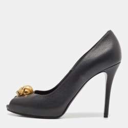 Alexander McQueen Black Leather Crystal Embellished Skull Peep-Toe Pumps Size 38.5