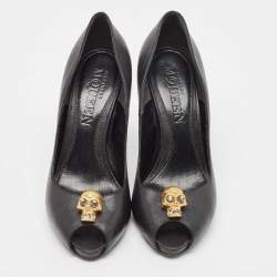 Alexander McQueen Black Leather Crystal Embellished Skull Peep-Toe Pumps Size 38.5
