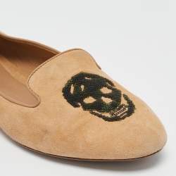 Pre Owned Alexander McQueen Brown Suede and Sequins Skull Smoking Slippers Size 38