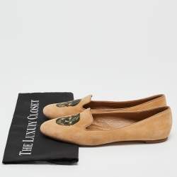 Pre Owned Alexander McQueen Brown Suede and Sequins Skull Smoking Slippers Size 38