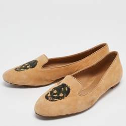 Pre Owned Alexander McQueen Brown Suede and Sequins Skull Smoking Slippers Size 38