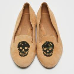 Pre Owned Alexander McQueen Brown Suede and Sequins Skull Smoking Slippers Size 38