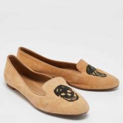 Pre Owned Alexander McQueen Brown Suede and Sequins Skull Smoking Slippers Size 38