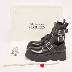 Alexander McQueen Black Leather Rave Buckle Ankle Boots Size 37.5