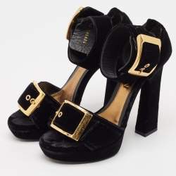 Pre Owned Alexander McQueen Black Velvet Buckle Platform Ankle Strap Sandals Size 39