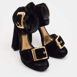 Pre Owned Alexander McQueen Black Velvet Buckle Platform Ankle Strap Sandals Size 39