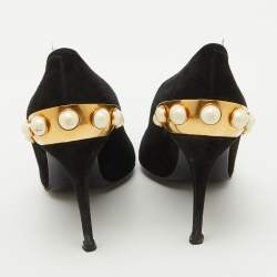 Alexander McQueen Black Suede Gold Trimmed Faux Pearl Pumps Size 39