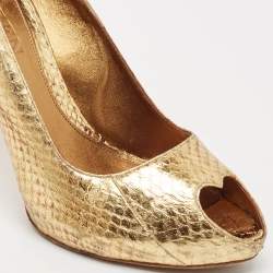 Alexander McQueen Gold Python Embossed Leather Heart Peep Toe Pumps Size 40.5